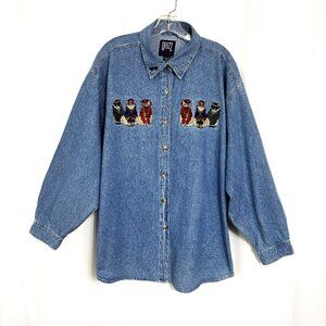 90's Denim Holiday Shirt – Embroidered Cats w/ Sweaters Button-Up Sz 24 VTG